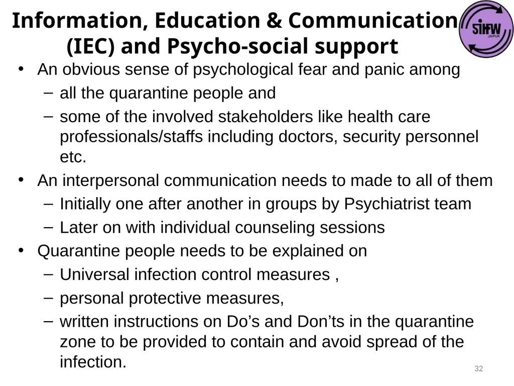 Guidelines for Quarantine facilities for COVID -19 - slide 32 of 42