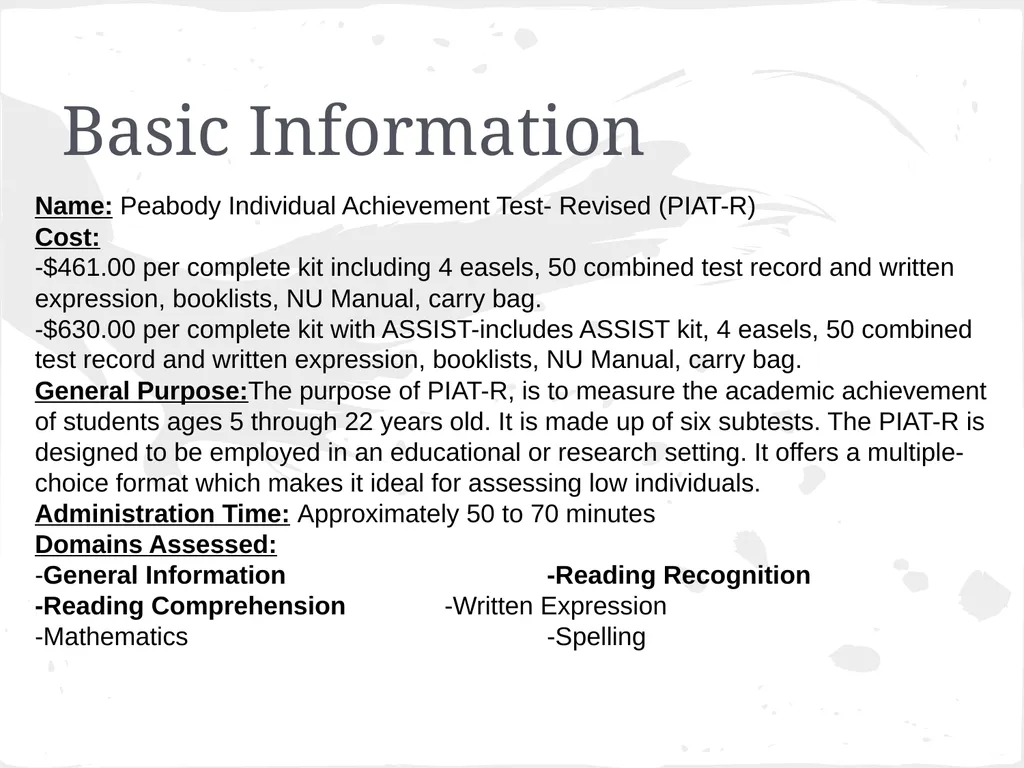 Peabody Individual Achievement Test- Revised - slide 2 of 14