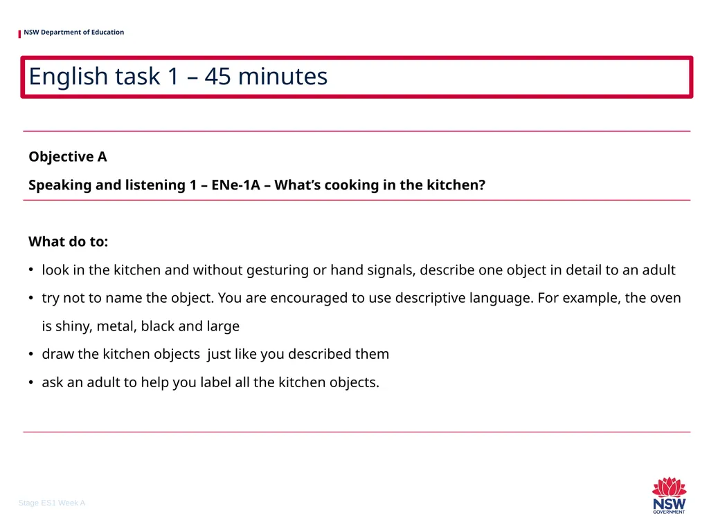 Early Stage 1 One unit of work – sample A - slide 5 of 38