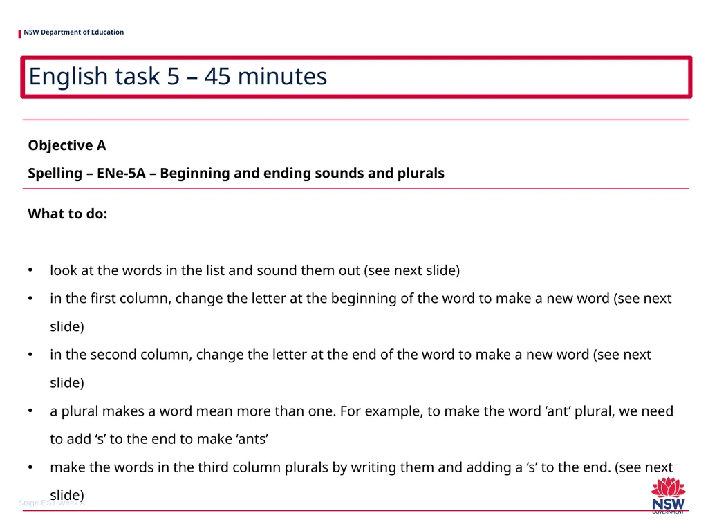 Early Stage 1 One unit of work – sample A - slide 9 of 38