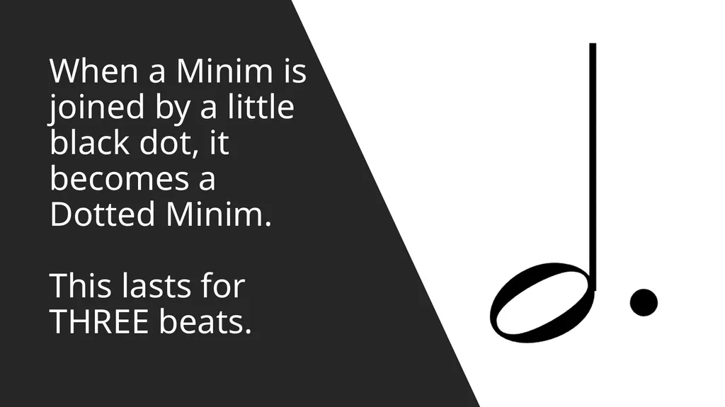 Minims, Dotted Minims and Semibreves! We have - slide 4 of 9