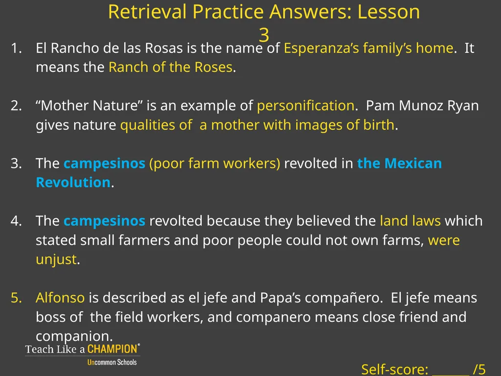 Retrieval Practice Esperanza Rising Retrieval - slide 3 of 21