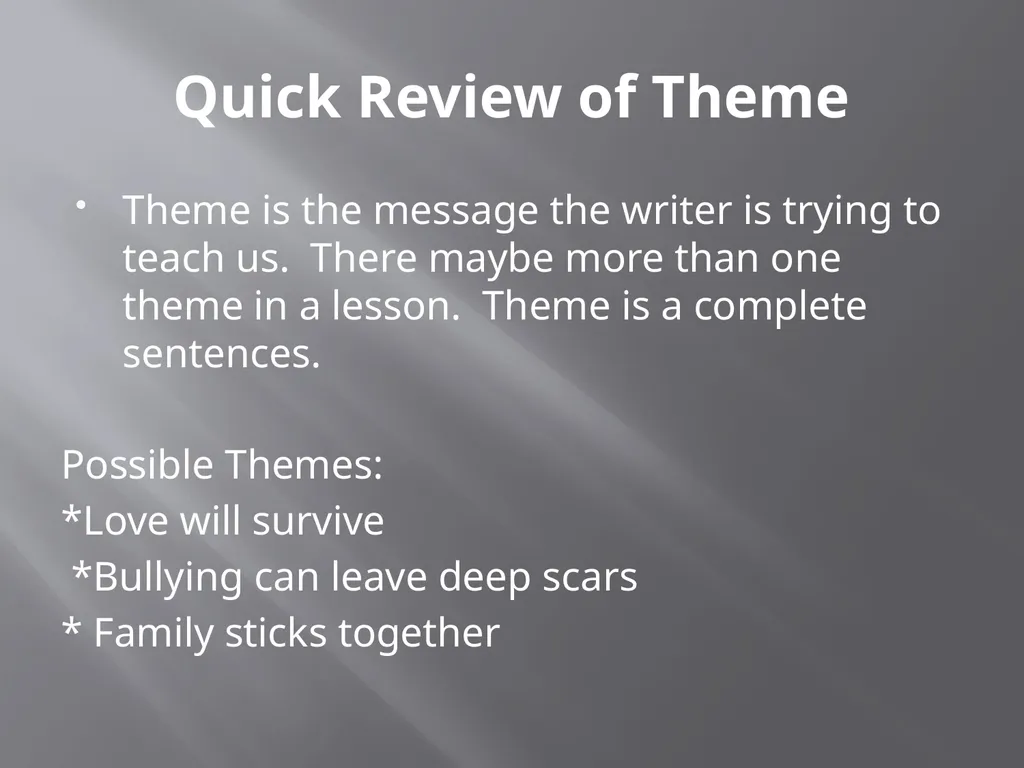 Implicit vs. Explicit Theme Quick Review of Theme - slide 2 of 12