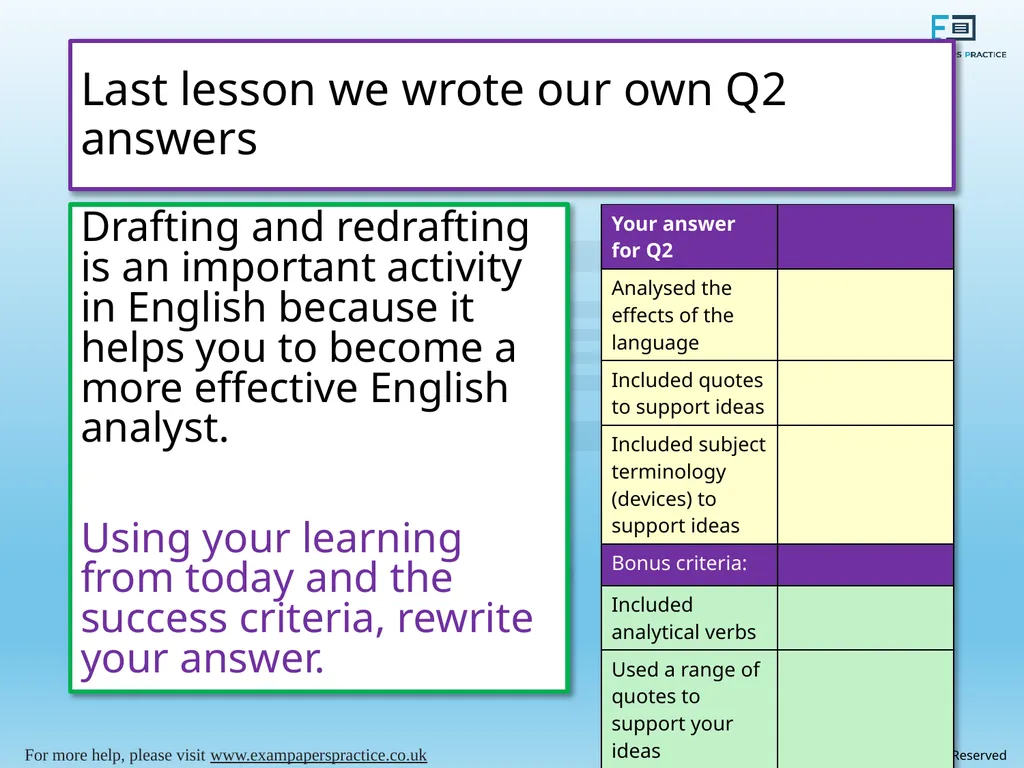 English Language Paper 1 – Q2: Improving Language - slide 11 of 17