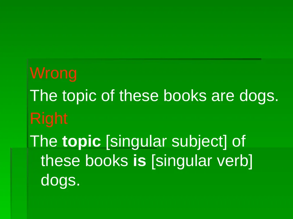 Subject/Verb Agreement A singular subject needs a - slide 17 of 73