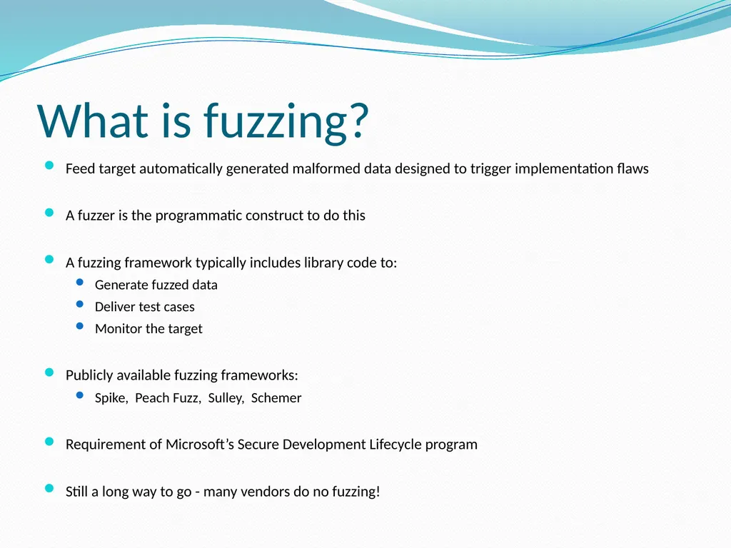 Fuzzing for Security Flaws John Heasman Stanford - slide 6 of 40