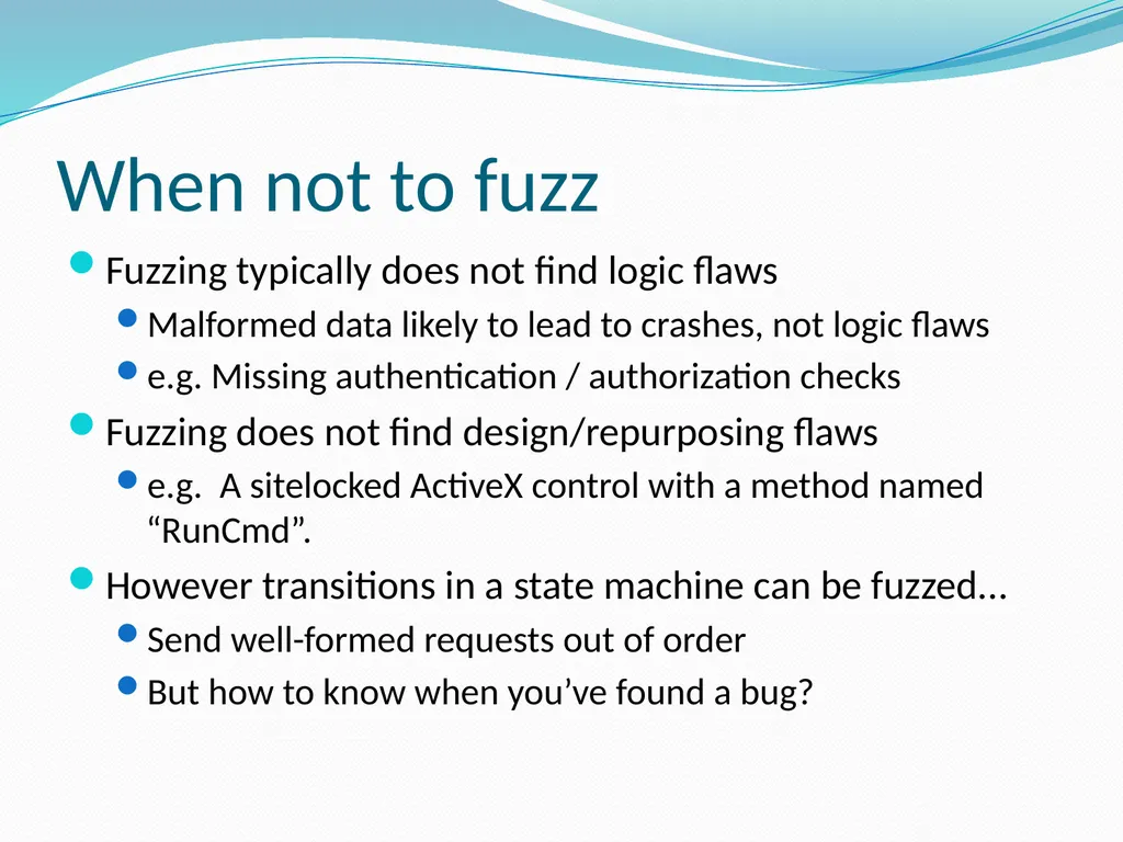 Fuzzing for Security Flaws John Heasman Stanford - slide 11 of 40