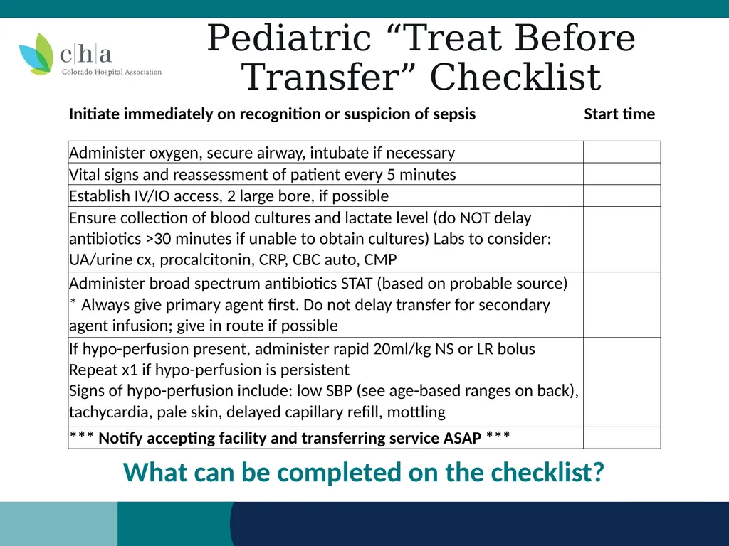 Pediatric Sepsis Table Top Scenario Colorado - slide 15 of 18