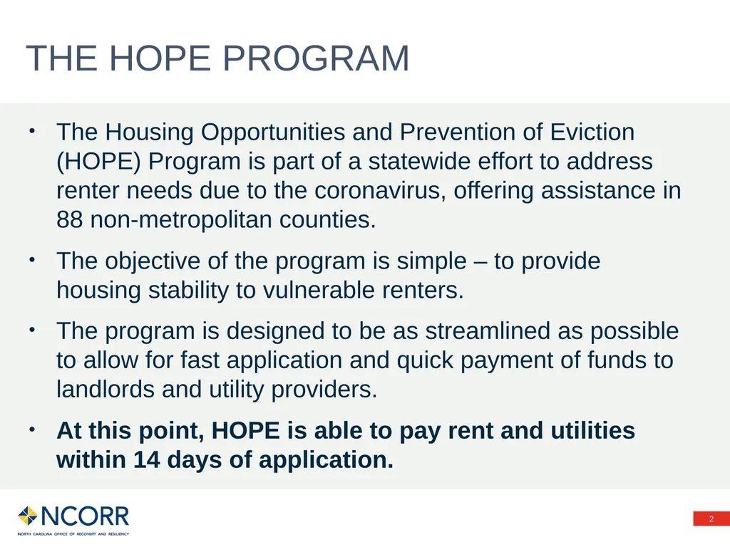 Preventing evictions – HOPE Program Information - slide 2 of 20