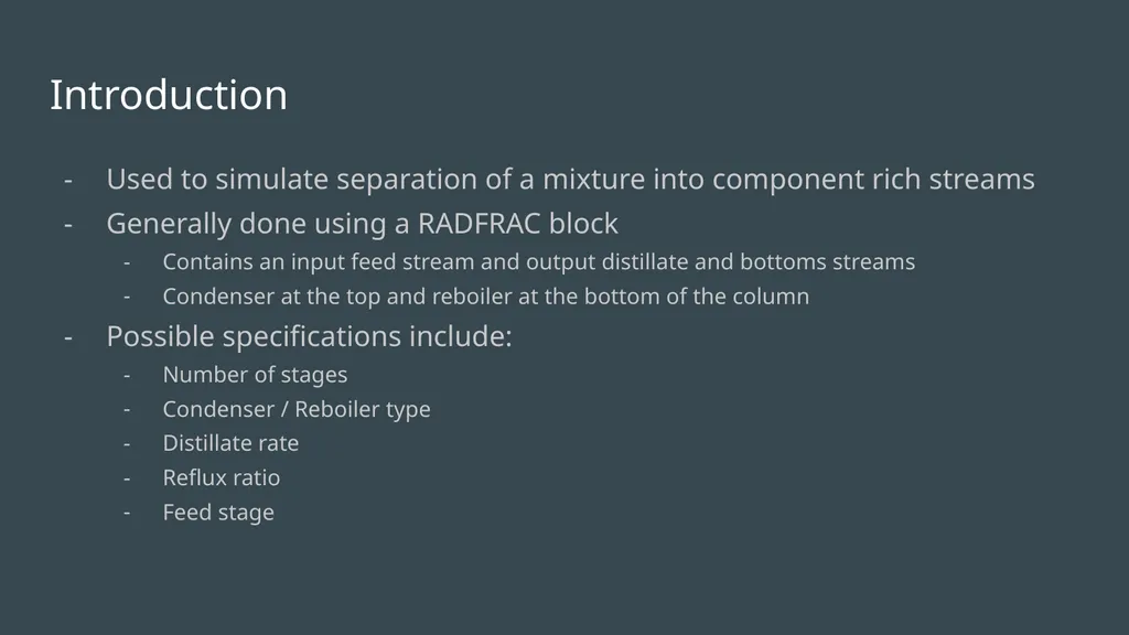 Aspen Simulation of Staged Separation Unit-Ops: - slide 2 of 18