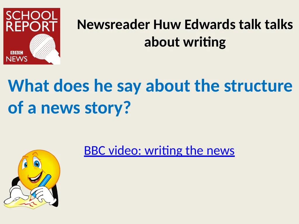 Writing news Learning objective: to understand the - slide 4 of 12
