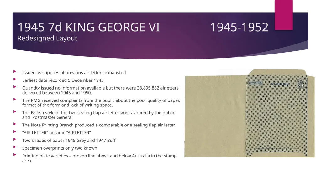 7d AUSTRALIAN AIRLETTERS 1944 -1952 PRESENTED BY - slide 19 of 43