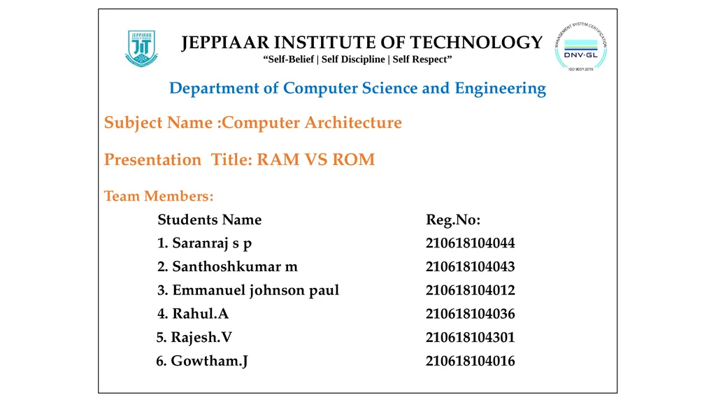 Subject Name :Computer Architecture Presentation - slide 1 of 12