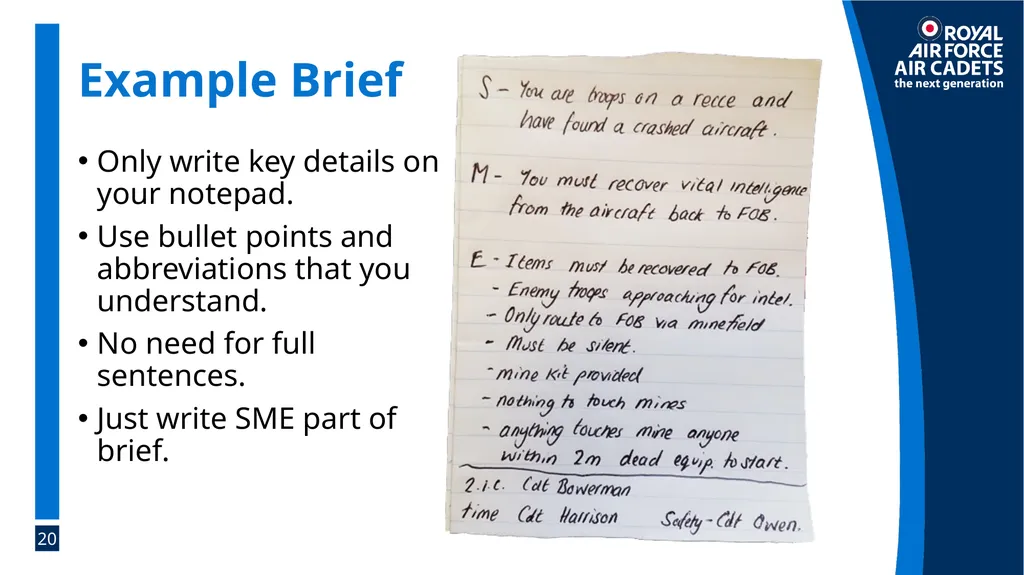 Foundation Leadership: Blue Badge The SMEAC Brief - slide 20 of 31