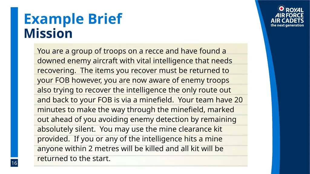 Foundation Leadership: Blue Badge The SMEAC Brief - slide 16 of 31