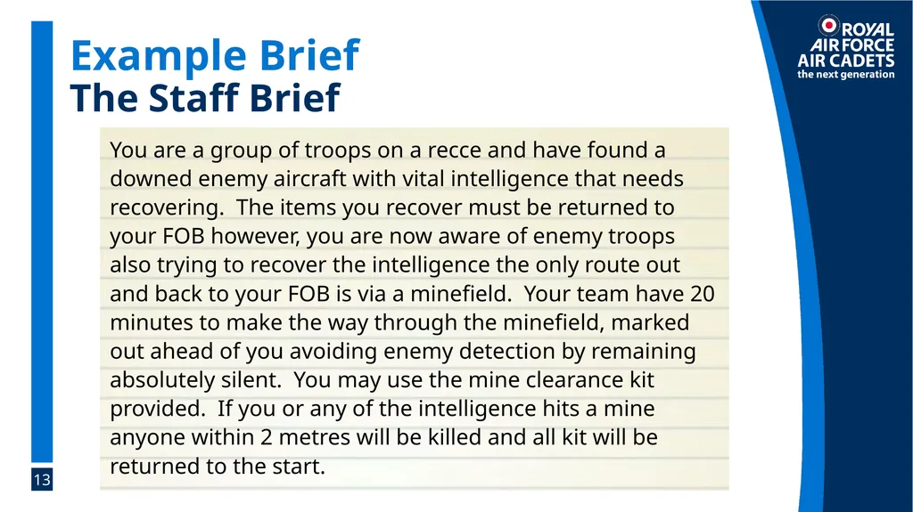 Foundation Leadership: Blue Badge The SMEAC Brief - slide 13 of 31