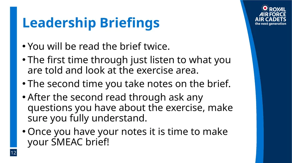Foundation Leadership: Blue Badge The SMEAC Brief - slide 12 of 31