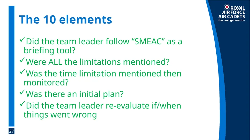 Foundation Leadership: Blue Badge The SMEAC Brief - slide 27 of 31