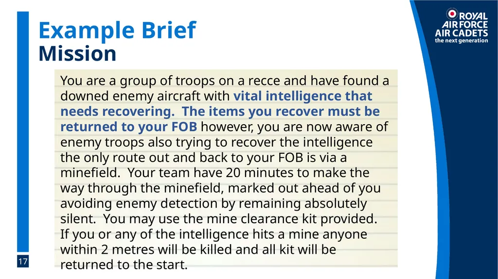 Foundation Leadership: Blue Badge The SMEAC Brief - slide 17 of 31