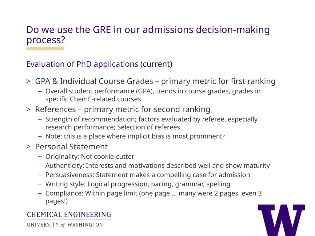 Analysis of the utility of the GRE in UW ChemE - slide 20 of 25