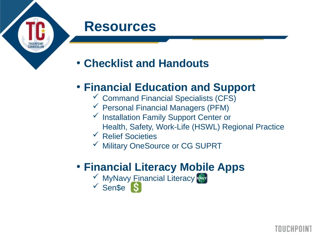 Introduction to Touchpoint Curriculum TC 1 Agenda - slide 17 of 19