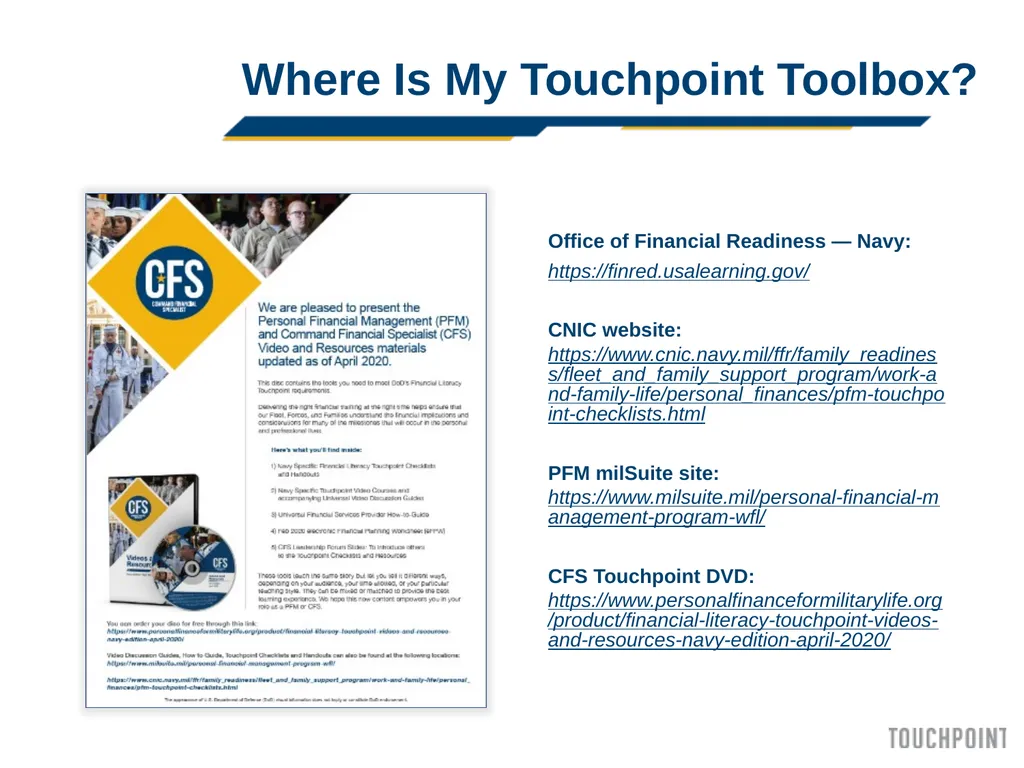 Introduction to Touchpoint Curriculum TC 1 Agenda - slide 15 of 19
