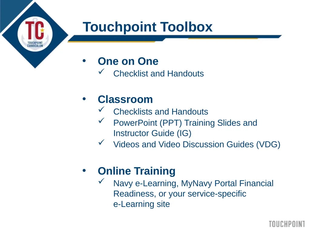 Introduction to Touchpoint Curriculum TC 1 Agenda - slide 10 of 19