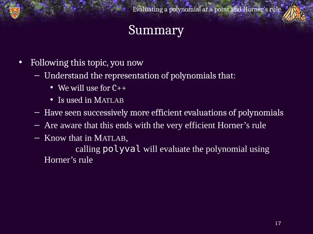 Evaluating a polynomial at a point and Horner’s - slide 17 of 21