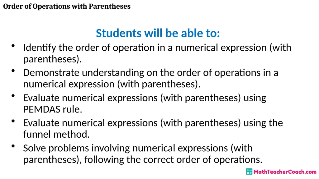 Order of Operations with Parentheses Unit 1 Lesson - slide 2 of 41