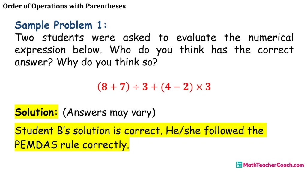 Order of Operations with Parentheses Unit 1 Lesson - slide 28 of 41
