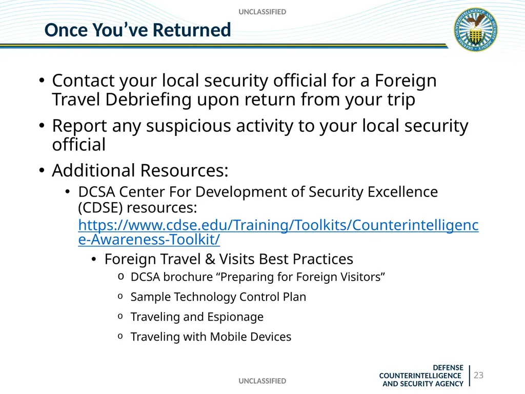 UNCLASSIFIED DCSA Foreign Travel Briefing - slide 23 of 24