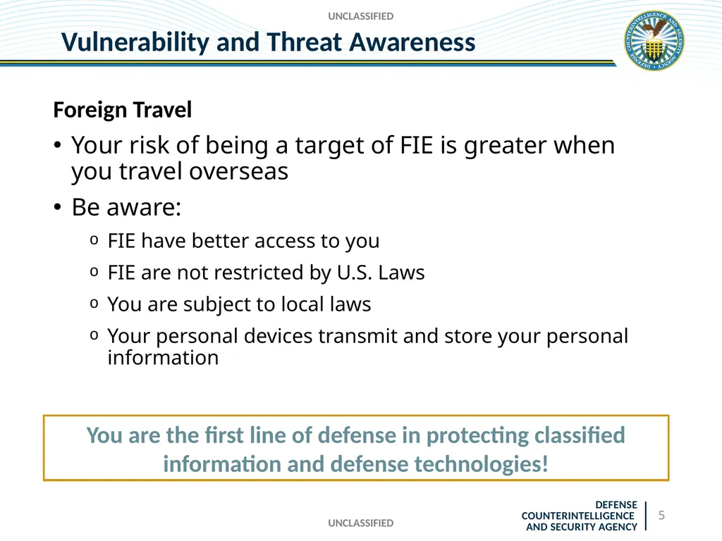 UNCLASSIFIED DCSA Foreign Travel Briefing - slide 5 of 24