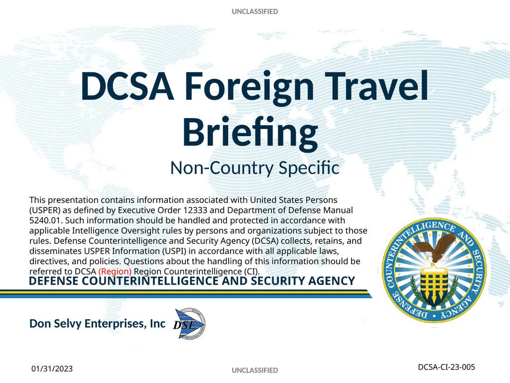 UNCLASSIFIED DCSA Foreign Travel Briefing - slide 1 of 24