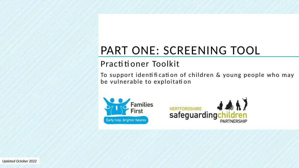 Part one: Screening tool Practitioner Toolkit To - slide 1 of 27