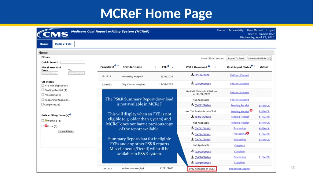 Medicare Part A Cost Report e-Filing Updates - slide 25 of 89