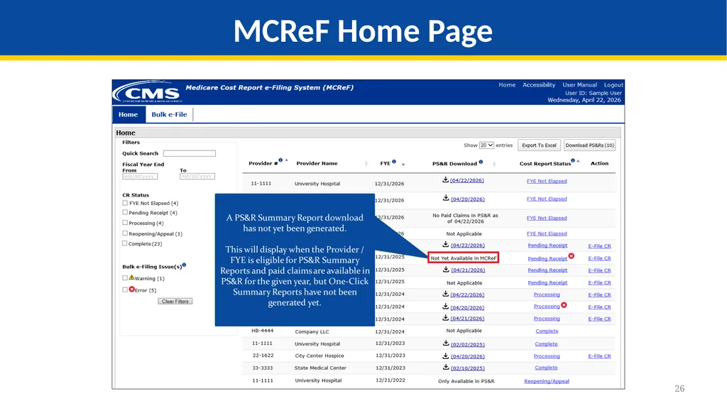 Medicare Part A Cost Report e-Filing Updates - slide 26 of 89