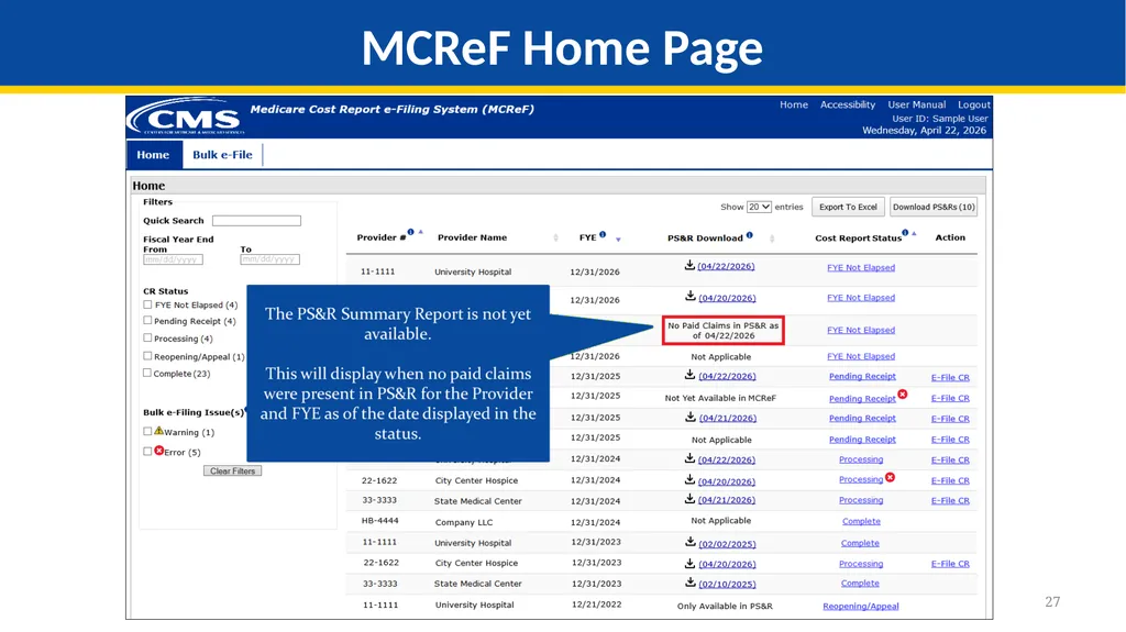 Medicare Part A Cost Report e-Filing Updates - slide 27 of 89