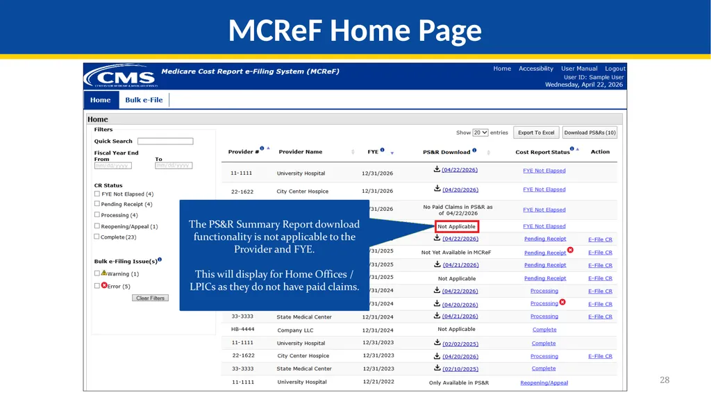 Medicare Part A Cost Report e-Filing Updates - slide 28 of 89