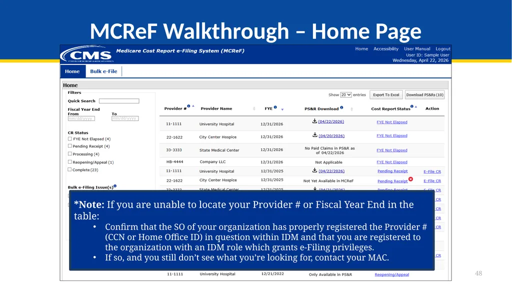 Medicare Part A Cost Report e-Filing Updates - slide 48 of 89