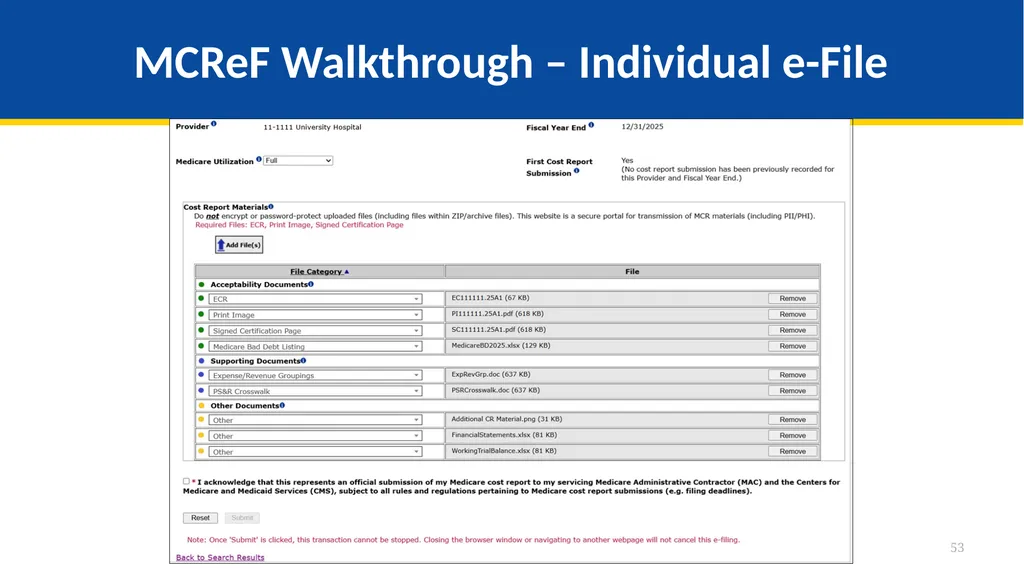 Medicare Part A Cost Report e-Filing Updates - slide 53 of 89
