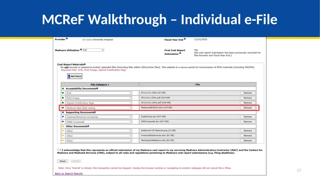Medicare Part A Cost Report e-Filing Updates - slide 57 of 89