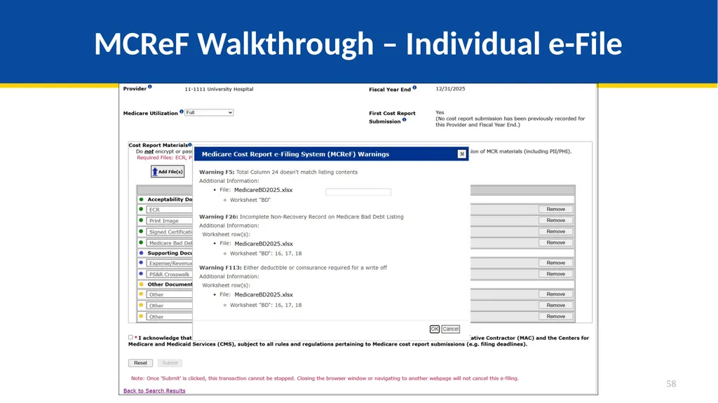 Medicare Part A Cost Report e-Filing Updates - slide 58 of 89