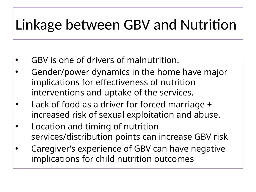 GBV and Nutrition Key linkages, activities and - slide 6 of 17