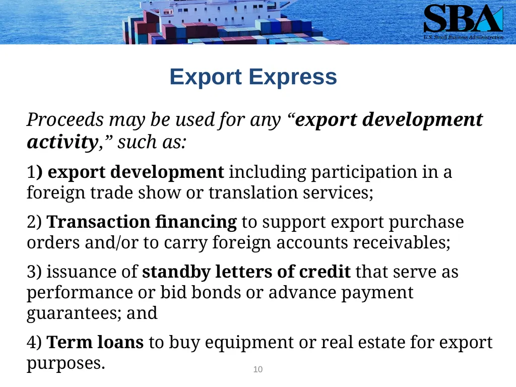SBA Loan Programs to Support Small Business - slide 10 of 18