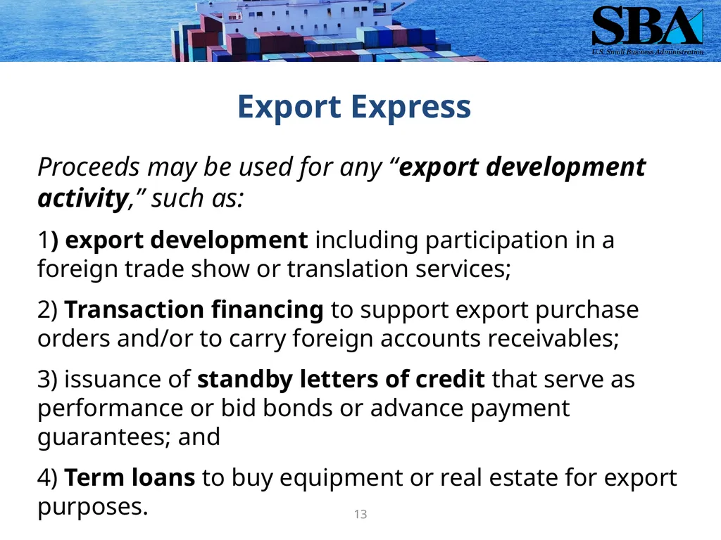 SBA Loan Programs to Support Small Business - slide 13 of 23