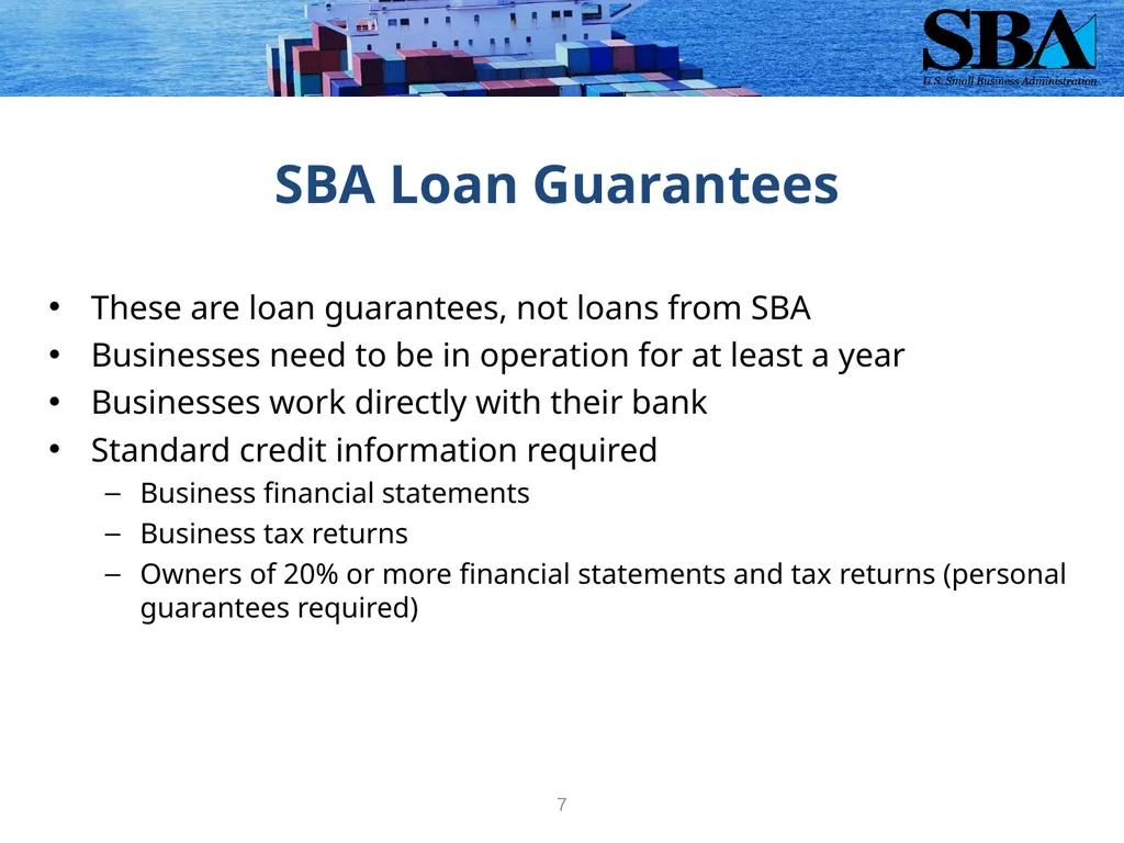 SBA Loan Programs to Support Small Business - slide 7 of 23