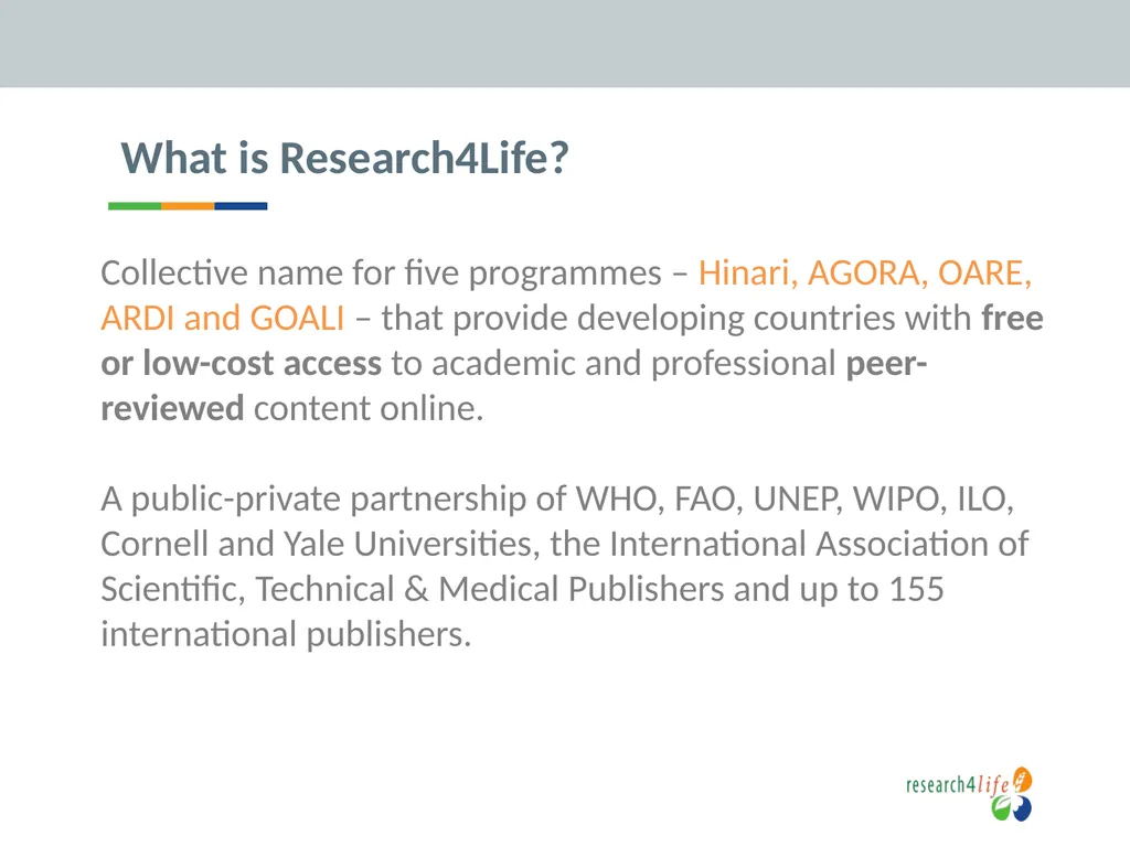 Research4Life: reducing the scientific knowledge - slide 4 of 23