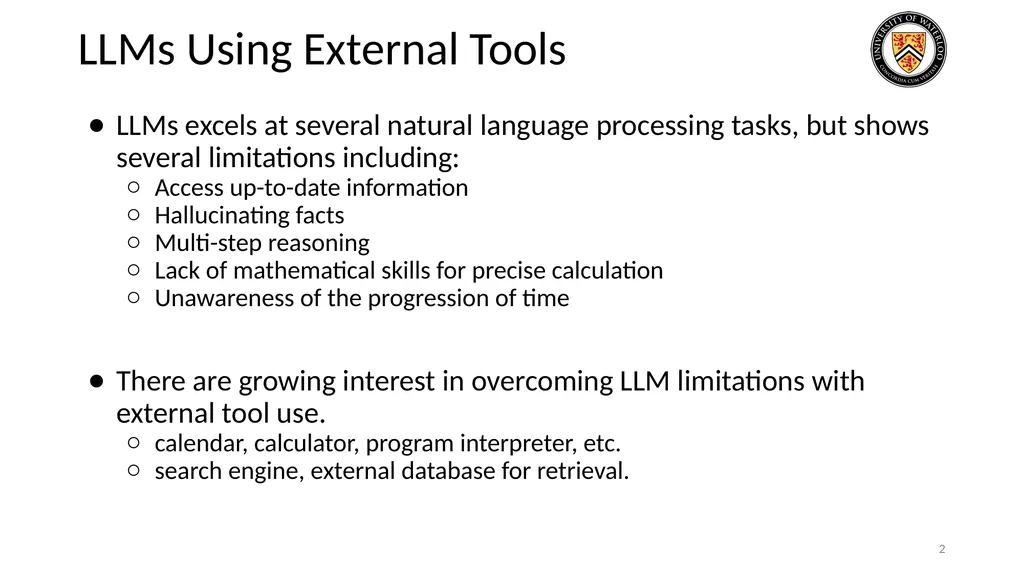 Lecture 21: LLM & Tool Augmentation Presenters: - slide 2 of 104