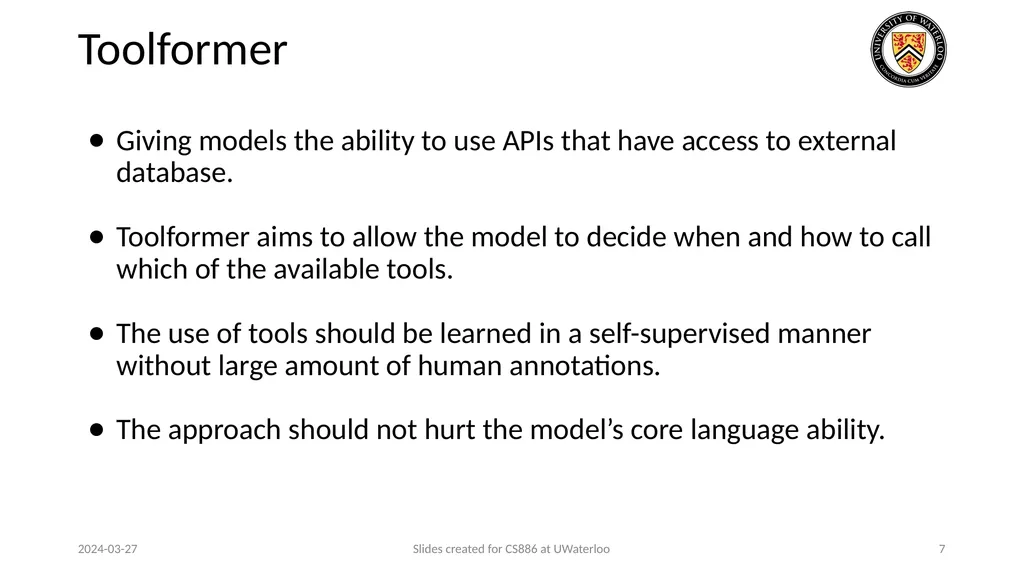 Lecture 21: LLM & Tool Augmentation Presenters: - slide 7 of 104