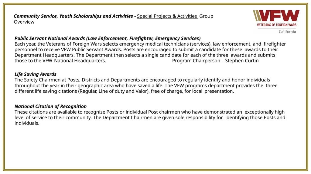 VFW Programs Your VFW programs are defined under - slide 4 of 12